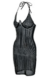 Black Fashion Sexy Patchwork Hot Drilling Doorzichtige Backless Halter Sling Dress