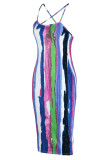 Синее сексуальное полосатое платье с принтом в стиле пэчворк на тонких бретельках Платья