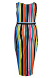 Color Fashion Casual Plus Size Striped Print Basic O Neck Vest Dress