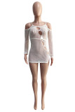 Cream White Fashion Sexy Solid Hollowed Out Backless Slit Off the Shoulder Long Sleeve Dresses