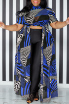 Blauwe Fashion Print Patchwork Split Asymmetrische O-hals A-lijn Grote maten jurken