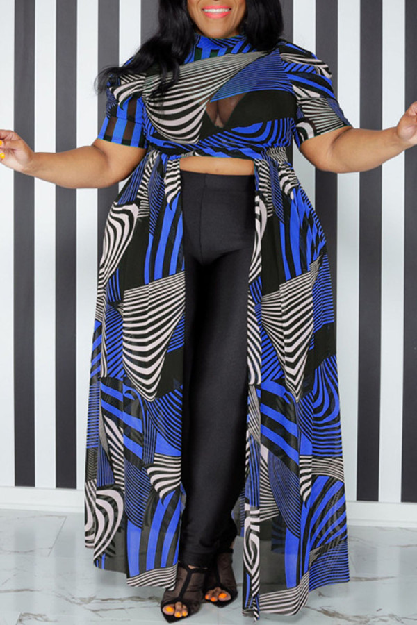 Blauer Modedruck Patchwork Schlitz Asymmetrischer O-Ausschnitt A-Linie Kleider in Übergröße