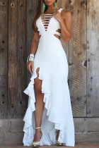 Weiße Mode sexy feste ausgehöhlte rückenfreie ärmellose Kleider mit V-Ausschnitt
