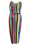 カラー ファッション カジュアル プラス サイズ ストライプ プリント ベーシック O ネック ベスト ドレス