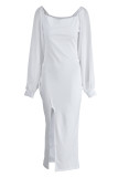 Белые модные повседневные однотонные платья с длинным рукавом и квадратным вырезом с разрезом
