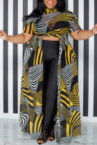 Amarillo estampado de moda patchwork hendidura asimétrica cuello redondo una línea vestidos de talla grande