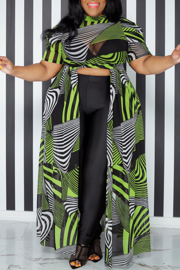 グリーンファッションプリントパッチワークスリットアシンメトリーOネックAラインプラスサイズのドレス