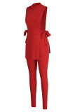 Красная мода Повседневная сплошная повязка с разрезом Половина водолазки без рукавов Две части