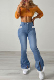 Blauwe mode casual effen patchwork spleet hoge taille regular denim jeans