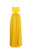 Vestiti lunghi gialli dal vestito lungo dalla balza senza schienale con patchwork solido giallo