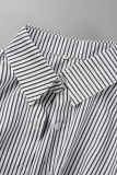 White Fashion Casual Striped Print Patchwork Turndown Collar Tops