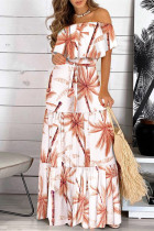 Witte mode sexy print patchwork backless off-shoulder lange jurk jurken