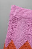 ピンクのファッションセクシーなパッチワークソリッドくり抜かれたターンダウンカラー半袖XNUMXピース