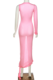ピンクのセクシーなソリッドくり抜かれたシースルーOネックペンシルスカートドレス