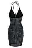 Черное модное сексуальное лоскутное прозрачное платье с открытой спиной и горячим бурением