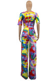 Farbe Casual Print Bandage Patchwork O Neck Straight Jumpsuits