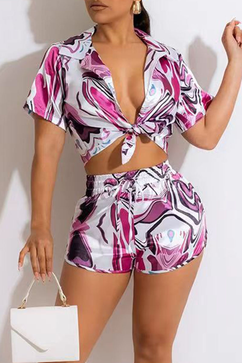 

Multicolor Sexy Print Bandage Patchwork Turndown Collar Short Sleeve Two Pieces