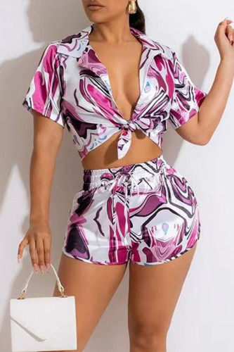 Multicolor Sexy Print Bandage Patchwork Turndown Collar Short Sleeve Two Pieces