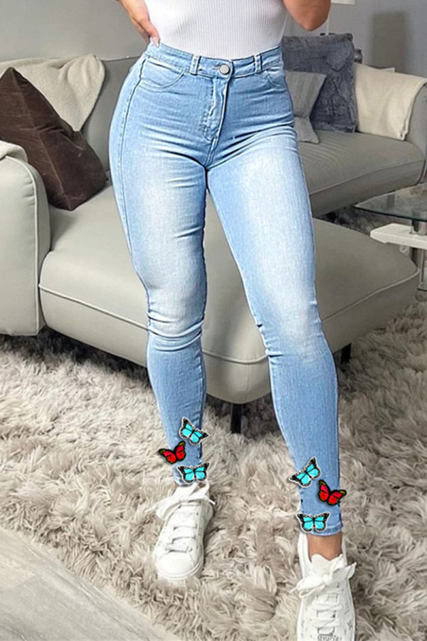 Lichtblauwe modieuze casual effen patchwork skinny jeans met hoge taille