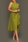 Green Casual Solid Patchwork Draw String Asymmetrical Turndown Collar Long Sleeve Two Pieces