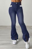 Jeans de mezclilla regular de cintura alta con abertura de patchwork sólido casual de moda azul