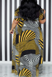 Amarillo estampado de moda patchwork hendidura asimétrica cuello redondo una línea vestidos de talla grande