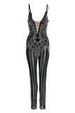 Mode noire Sexy Patchwork Hot Drilling See-through Backless Spaghetti Strap Skinny Jumpsuits