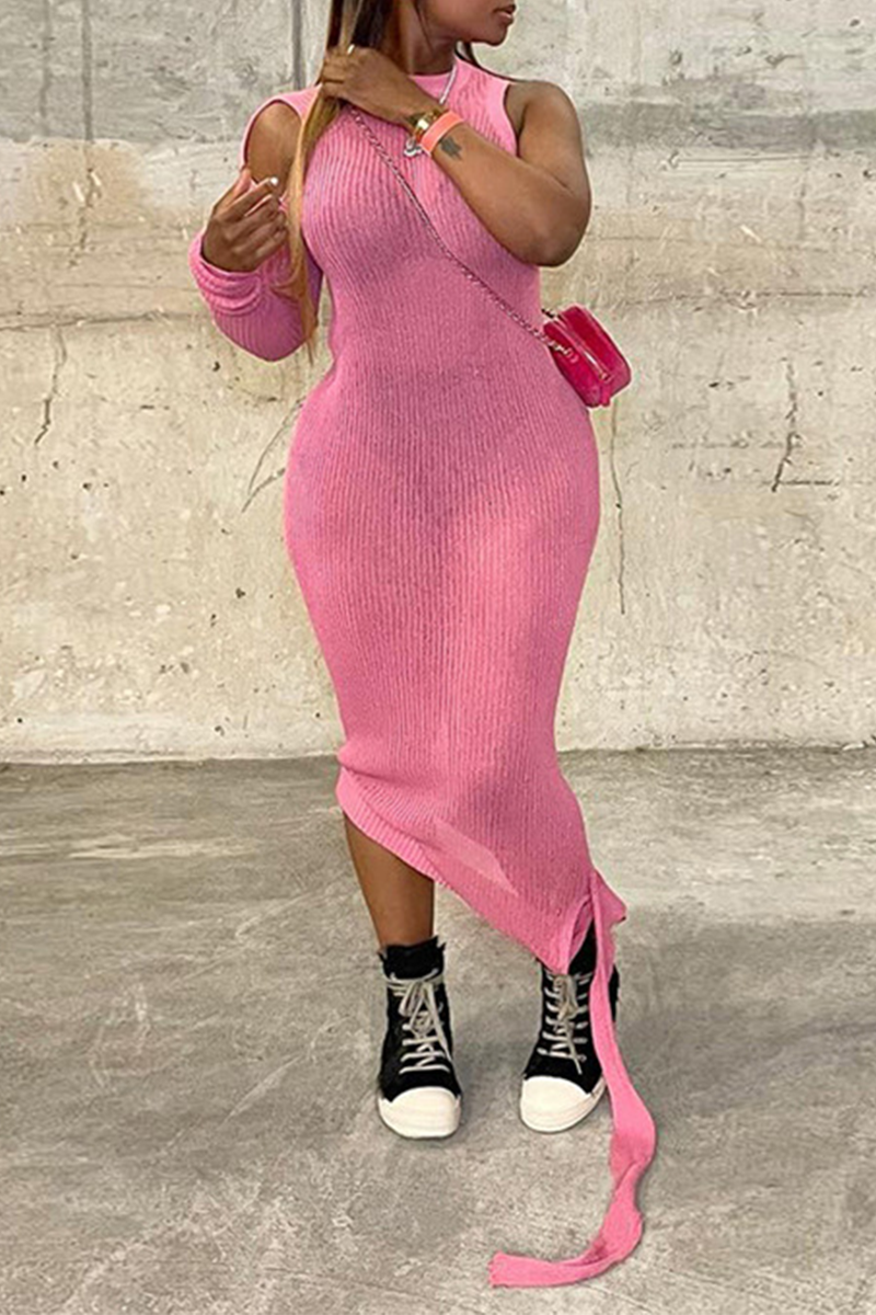 

Pink Sexy Solid Hollowed Out See-through O Neck Pencil Skirt Dresses