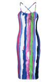 Синее сексуальное полосатое платье с принтом в стиле пэчворк на тонких бретельках Платья