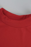 Bandagem sólida casual moda vermelha fenda meia gola alta sem manga duas peças