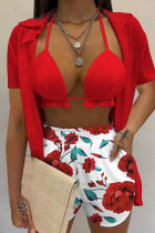 Red Sexy Print Patchwork Turndown Collar Short Sleeve Two Pieces