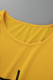Amarelo Casual Estampa Patchwork Flounce O Neck Straight Vestidos Plus Size
