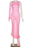 Pink Sexy Solid Hollowed Out See-through O Neck Pencil Skirt Dresses
