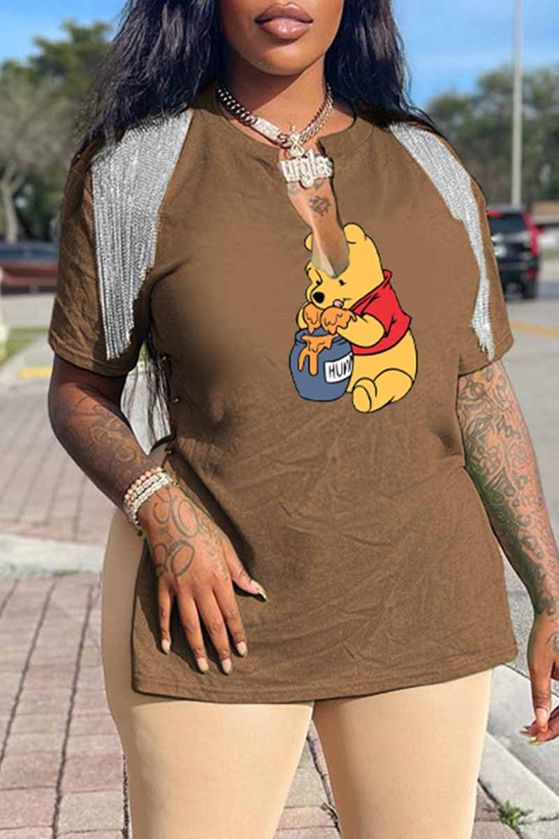 

Coffee Fashion Sexy Character Print Tassel V Neck T-Shirts