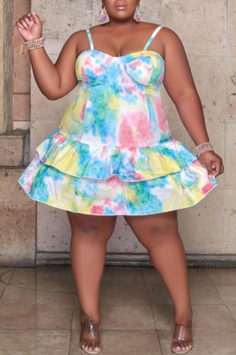 カラースウィートプリントパッチワークフラウンススパゲッティストラップケーキスカートプラスサイズのドレス