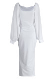 Vestidos casuais moda branca com fenda sólida gola quadrada manga longa