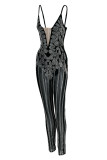 Macacão skinny preto fashion sexy patchwork furação a quente transparente sem costas com alça de espaguete