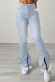 Blaue Art und Weise beiläufige feste Patchwork-Schlitz-hohe Taillen-regelmäßige Denim-Jeans