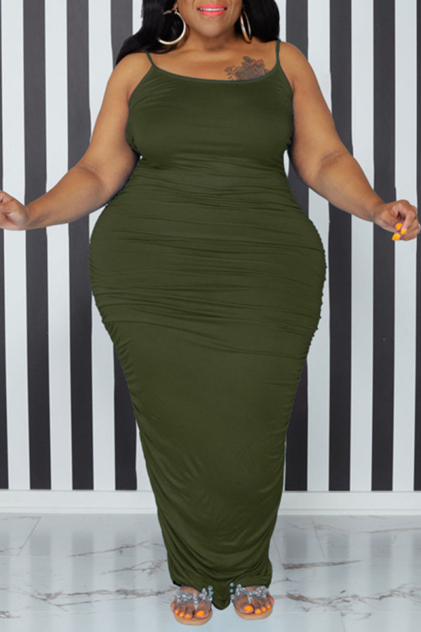 Verde militar sexy sólido patchwork correa de espagueti falda de un paso vestidos de talla grande