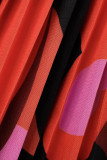 Vestidos de manga comprida com estampa casual vermelho moda com fenda e decote em V