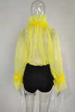Yellow Sexy Solid Patchwork See-through Feathers Turtleneck Tops