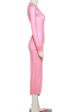 ピンクのセクシーなソリッドくり抜かれたシースルーOネックペンシルスカートドレス