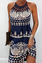Blauw witte casual print uitgeholde patchwork O-hals A-lijn jurken