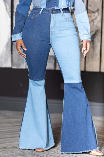 Blue Fashion Casual Patchwork Contrast High Waist Boot Cut Denim Jeans