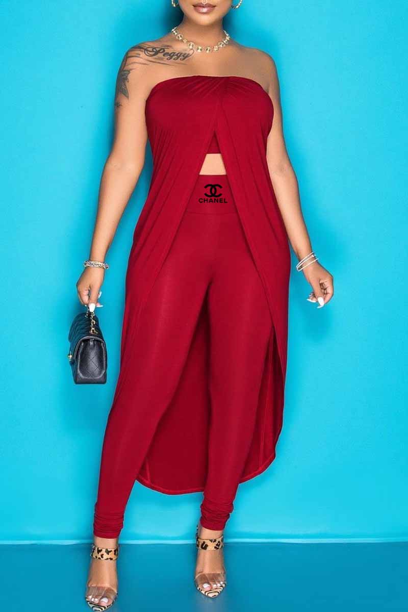 

Red Fashion Sexy Print Patchwork Strapless Sleeveless Two Pieces