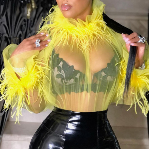 Yellow Sexy Solid Patchwork See-through Feathers Turtleneck Tops
