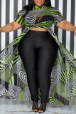 Verde moda estampado patchwork hendidura asimétrica cuello redondo una línea vestidos de talla grande