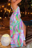 Цветной сексуальный принт со старым пэчворком с открытой спиной и косым воротником, прямые платья