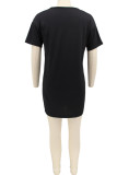 Vestido de camiseta con cuello en O y hendidura de patchwork sólido informal negro Vestidos