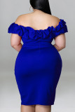 Blauwe sexy effen patchwork spleet vouw uit de schouder een stap rok plus size jurken